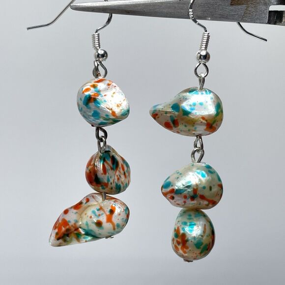 Artisan Confetti Blue Orange Baroque Pearl Beaded Dangle Earrings Silver Plated - Picture 1 of 6